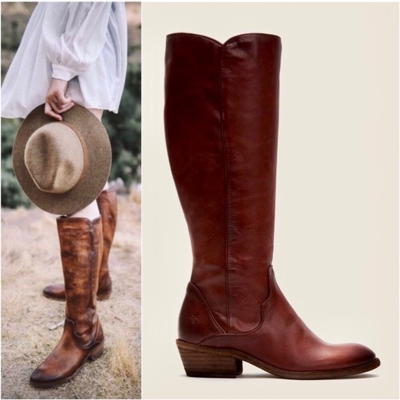 Frye Shoes - $429 Frye Carson Piping Redwood Mahogany Brown Real Leather Tall Riding Boot
